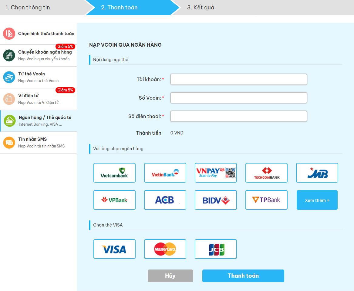 [Hướng dẫn tân thủ] Các phương thức nạp Vcoin