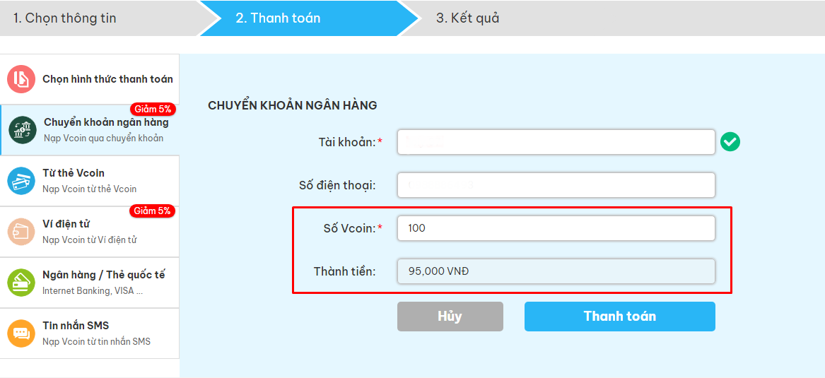 [Hướng dẫn tân thủ] Các phương thức nạp Vcoin